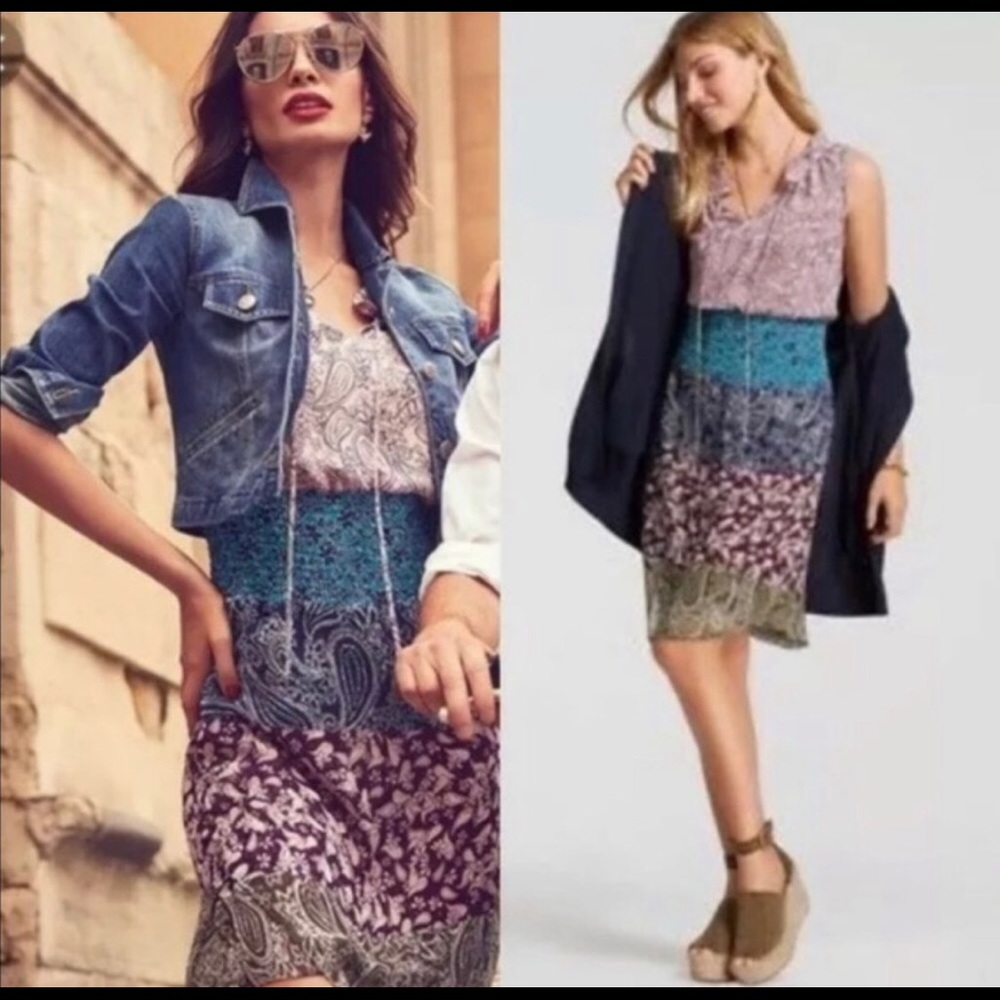CAbi Patchwork Paisley Sleeveless Dress in Pink, Teal, Purple, Olive